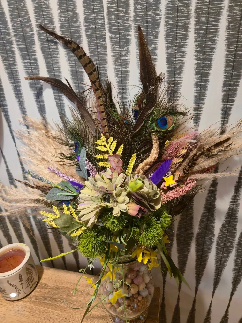 Handmade Boho Peacock Feather Pampas Grass Faux Floral Rustic Cottage Home Decor